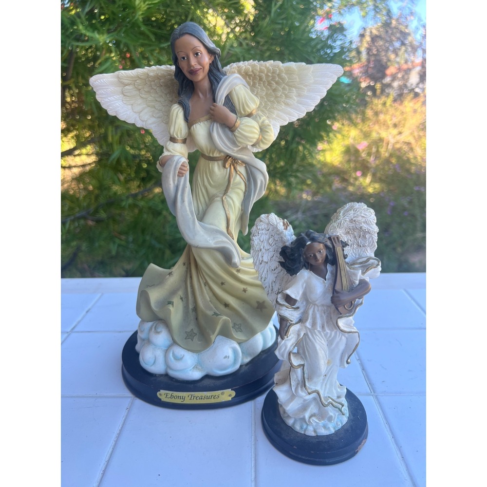 Ebony Treasures Angel Figurine Standing on Clouds Serene Heaven Decor